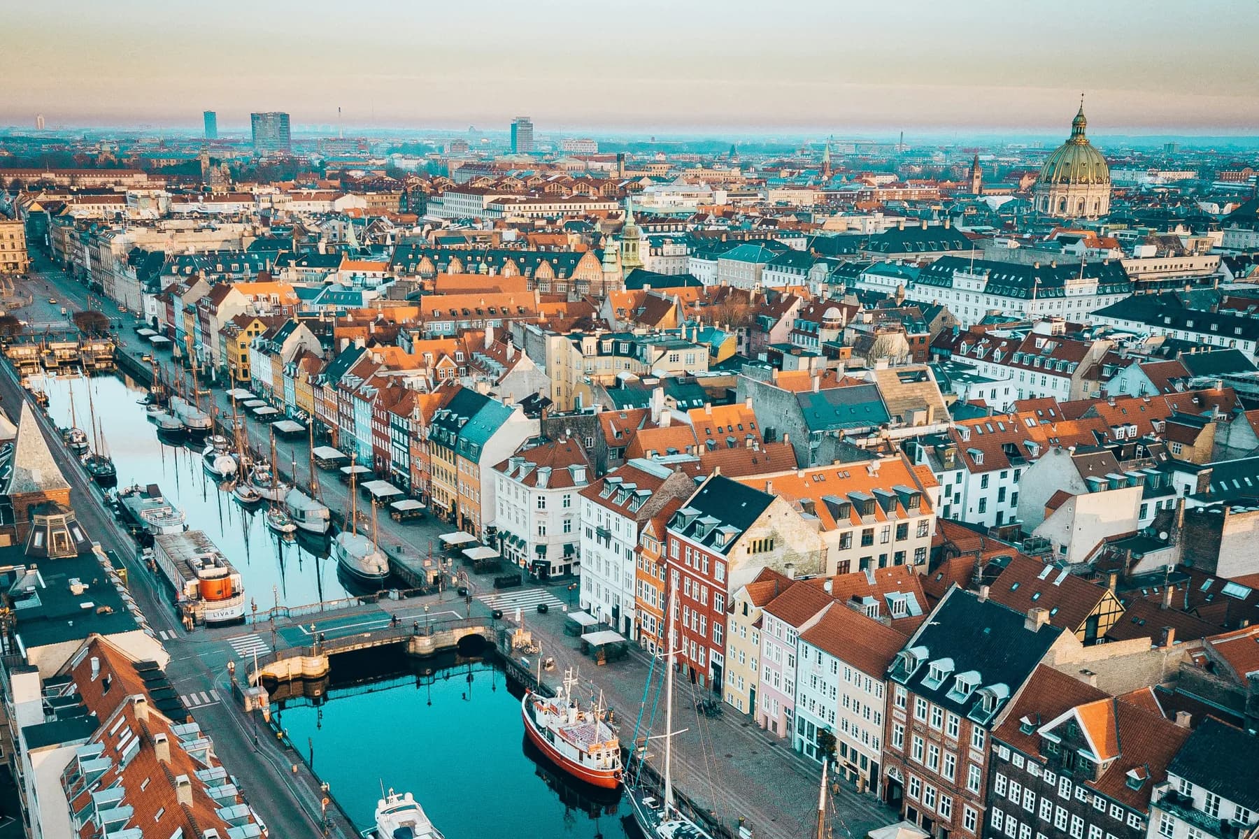 The Nyhavn waterfront in Copenhagen at first light